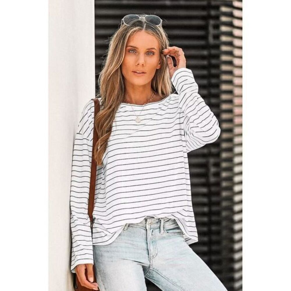 Elvan Round Neck Striped‎ Tee Top Size M